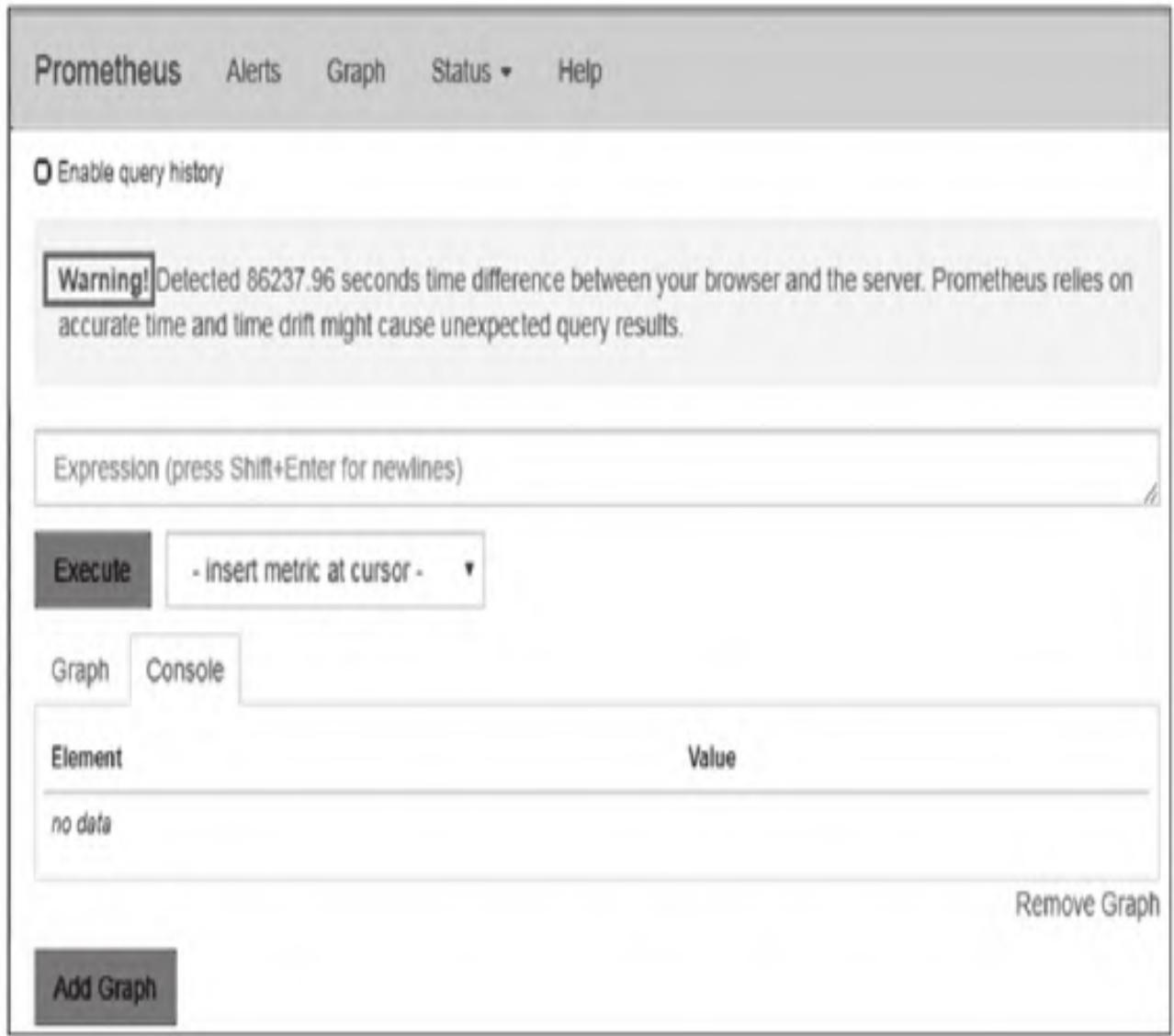 图2：Prometheus Web UI Graph页面（含时间警告）